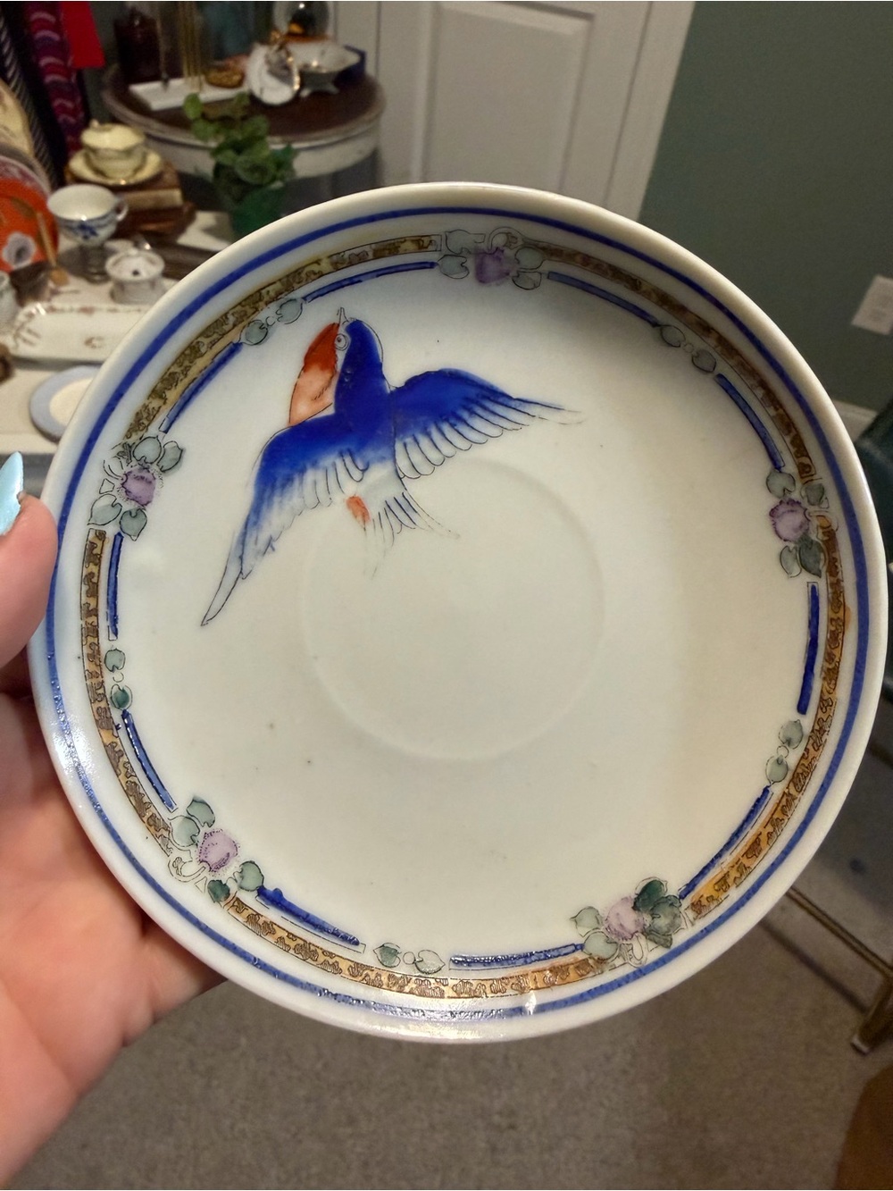 Hand-Painted Ceramic Dish with Blue and Orange Bird Motif made in Japan. Vintage